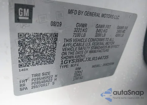 2020 Cadillac Escalade 2Wd Luxury z USA, uszkodzony, nr VIN 1GYS3BKJ3LR144735